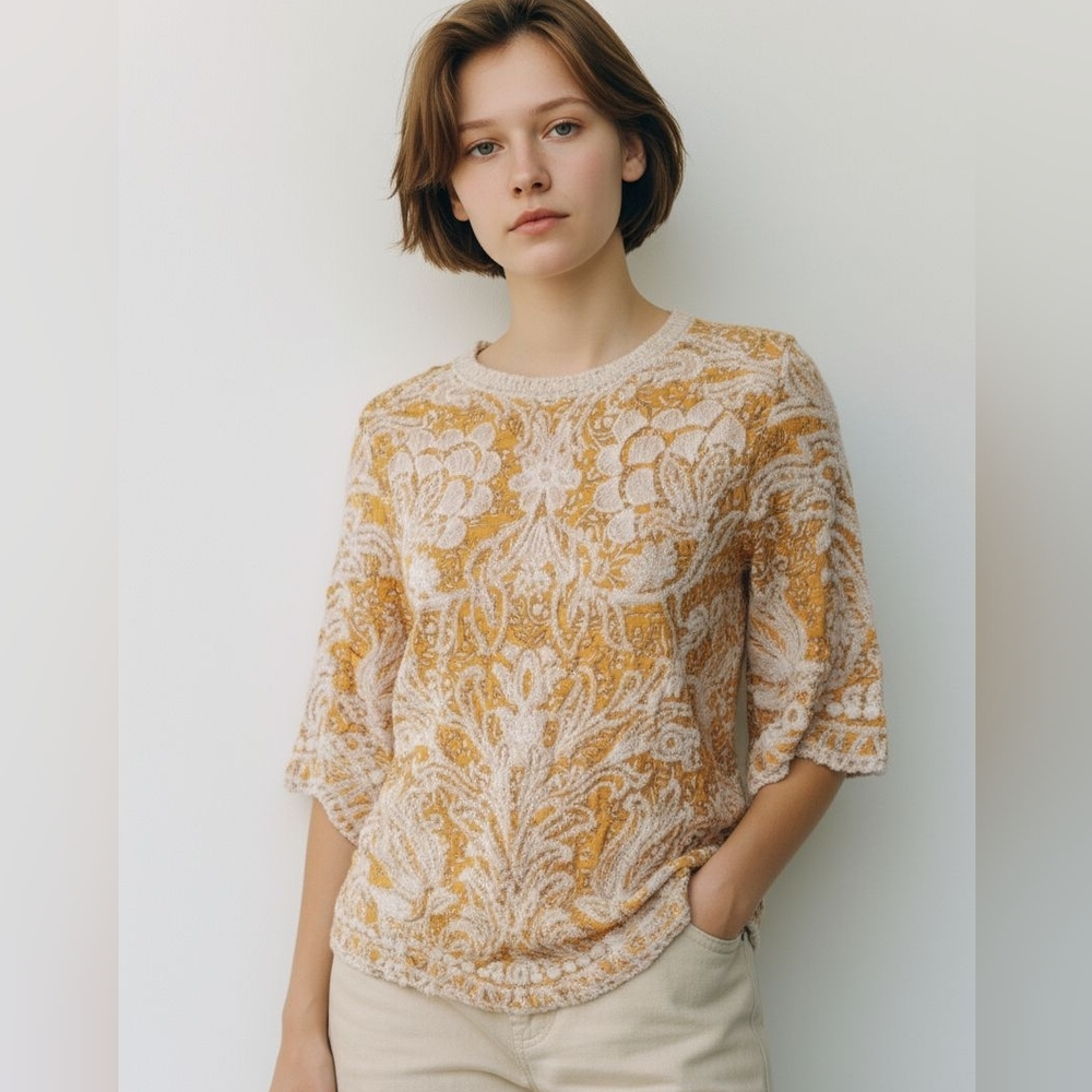 🦜 2/$10 Solitaire Embroidered Elegant Women's Yellow White Top. Medium.